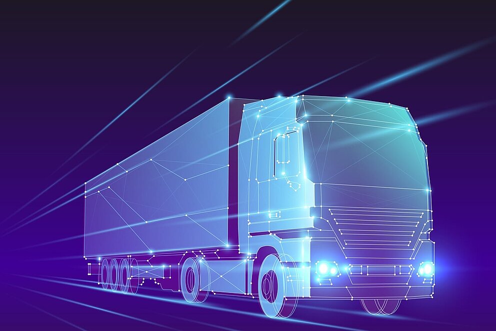 Zu sehen ist eine futuristische Zeichnung eines Lkw