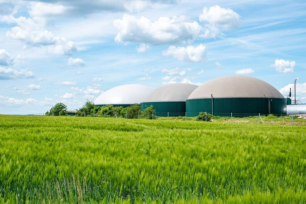Biogasanlagen stehen auf landwirtschaftlich genutztem Feld in hellem Grün..