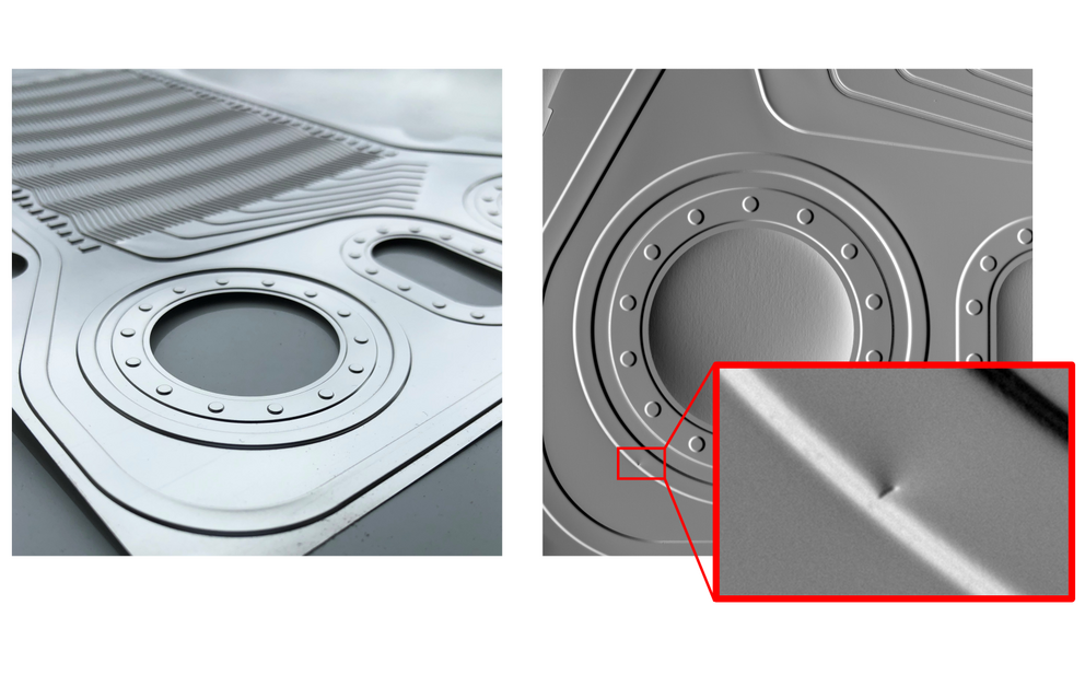 Das Bild zeigt mehrere Detailaufnahmen der Metall-Oberfläche einer Brennstoffzelle.