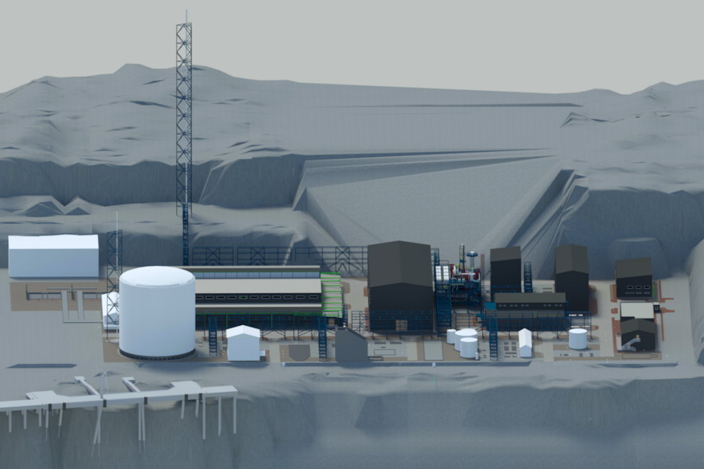 3D-Visualisierung der SkiGA-Anlage in Norwegen, die mehrere Container, Speicheranlagen und Gebäude auf grauem Steingrund zeigt.