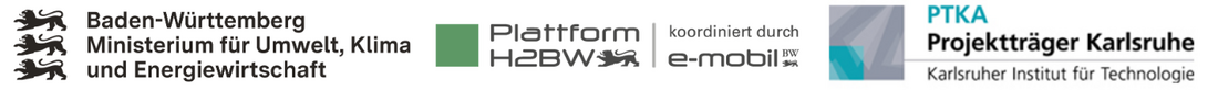 Auf weißem Hintergrund sind die Logos des Umweltministeriums, der Plattform H2BW und des PTKAs nebeneinander abgebildet.