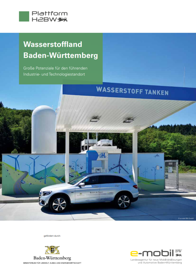 Die Titelseite der Broschüre zum Wasserstoffland Baden-Württemberg zeigt ein Wasserstoff-Fahrzeug an einer Wasserstoff-Tankstelle.