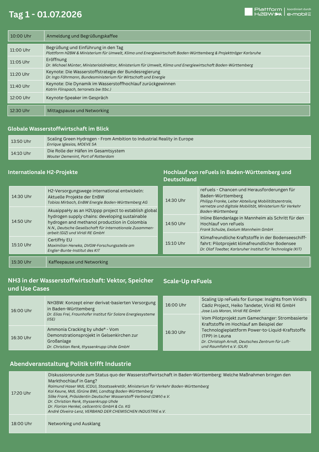 Auf grünem Hintergrund ist in Tabellenform das Programm an Tag 1 des H2-Kolloquiums 2026 abgebildet.