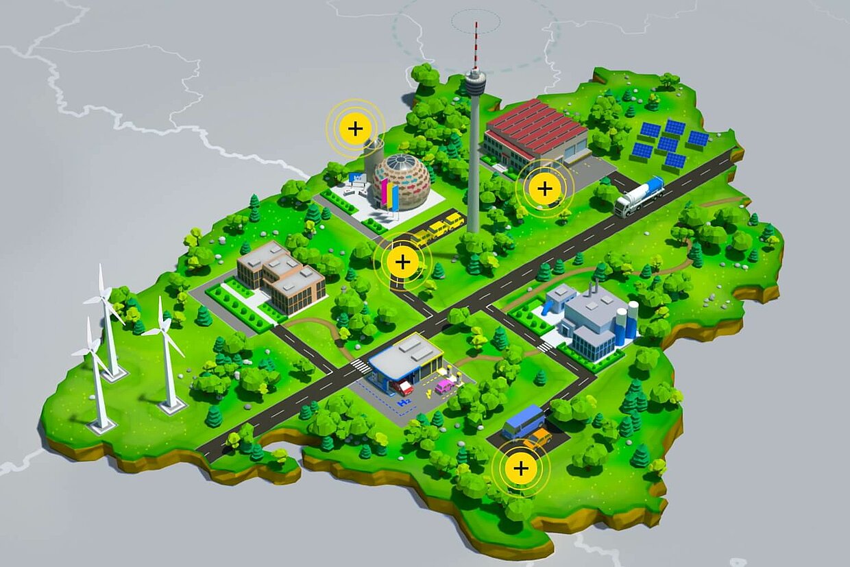 Digitale, dreidimensionale Darstellung des Umrisses von Baden-Württemberg, auf dem Windräder, Häuser, Bäume und deren Vernetzung abgebildet sind.