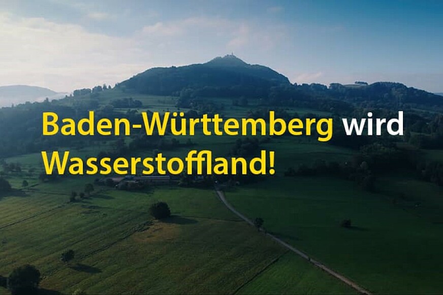 Titelbild des Films zeigt Schriftzug "Baden-Württemberg wird Wasserstoffand" vor einer grünen Landschaft.