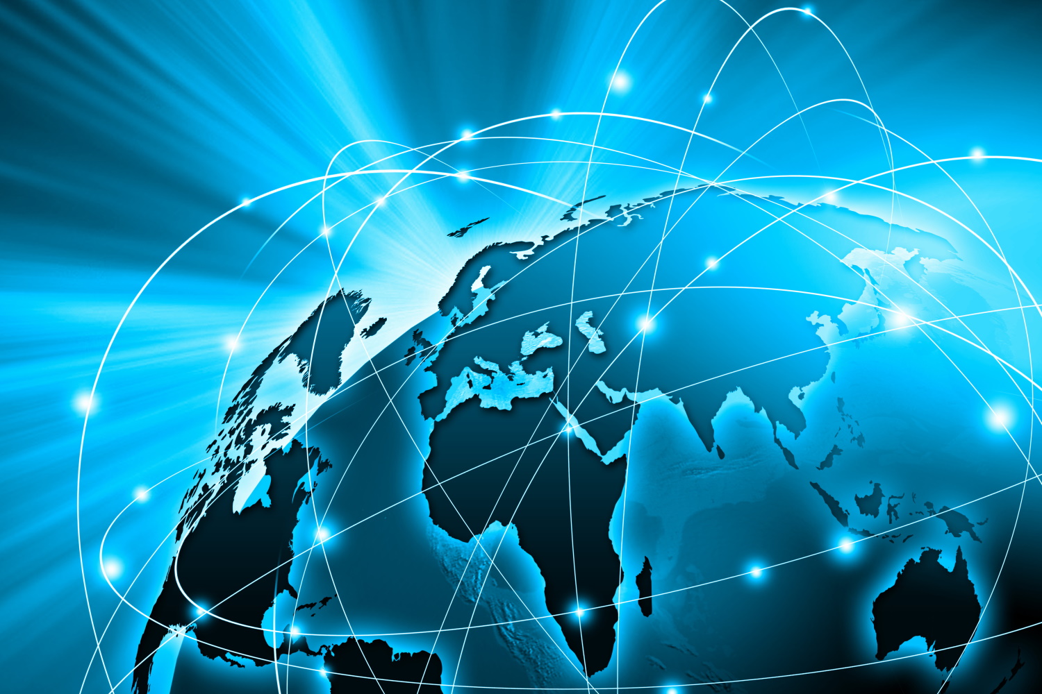 Digitale Darstellung eines Globus, auf dem verschiedene Länder und Kontinte durch Linien verbunden werden, die symbolisch für zwischenstaatlichen Austausch stehen.