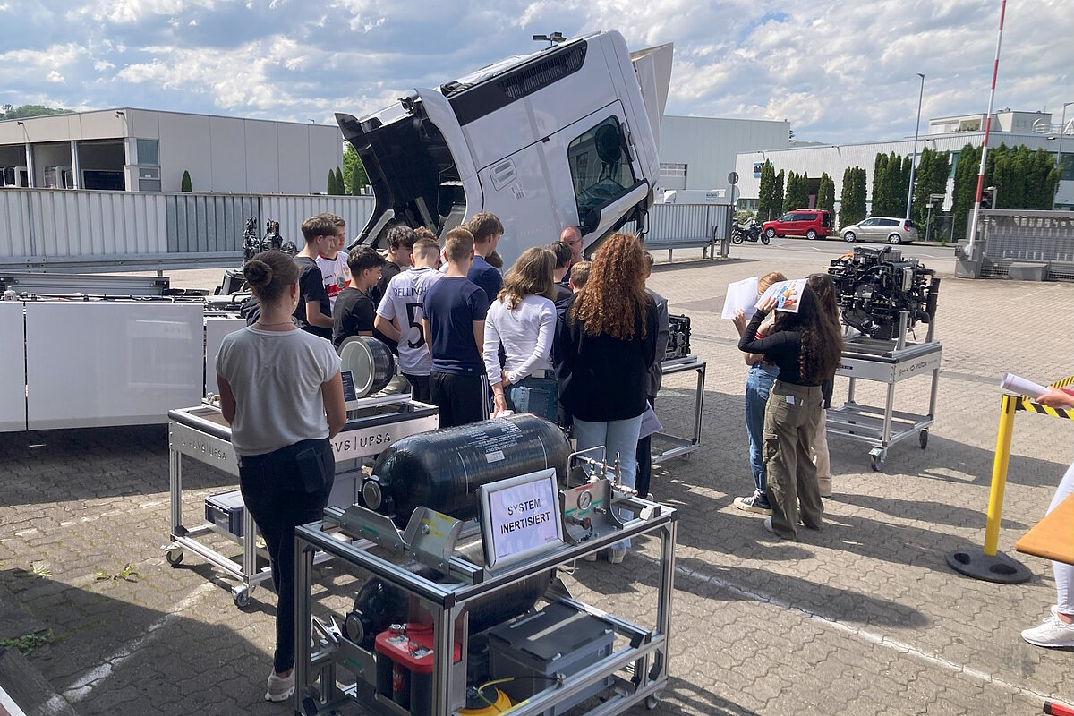 Rund 10 Schüler:innen betrachten ein Exponat einer Brennstoffzelle vor einem mit Wasserstoff betriebenen Lkw. Dieser ist aufgeklappt, d.h. man kann die verbauten Antriebskomponenten sehen.