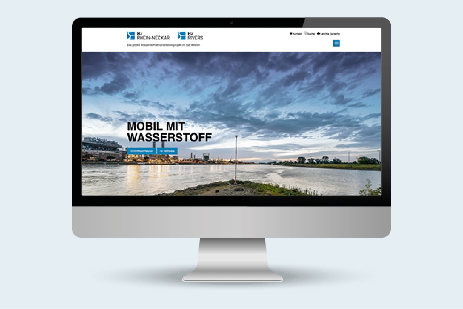 iMac Bildschirm zeigt die Website von H2Rivers und H2Rhein-Neckar an